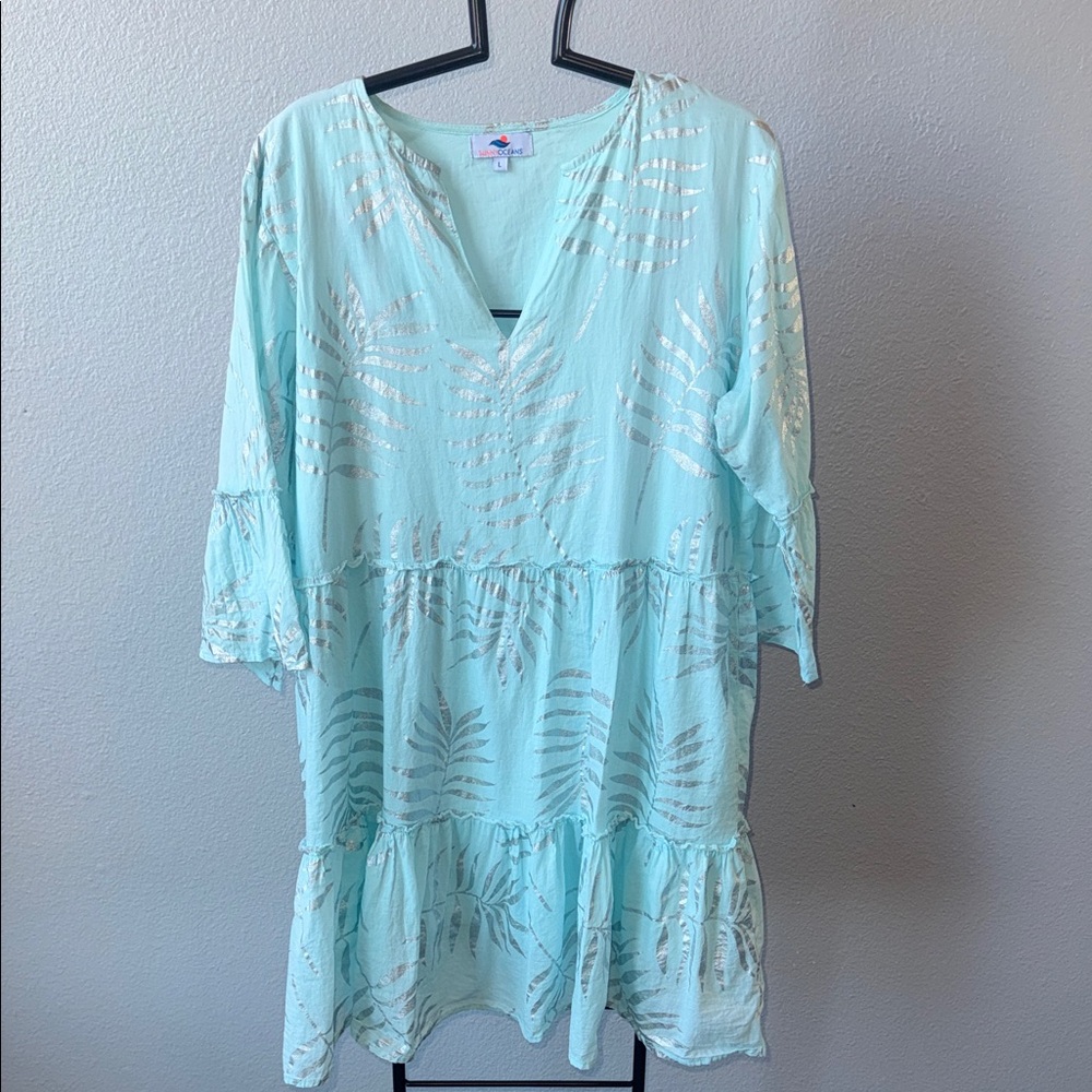 Sunny Oceans Light Aqua Foil Leaf Tiered Tunic Dress🌴🌸